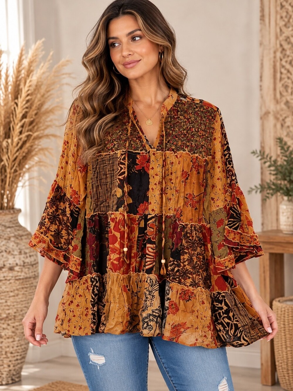 638.Young Threads Boho Patchwork Tunic Top - Mustard Floral